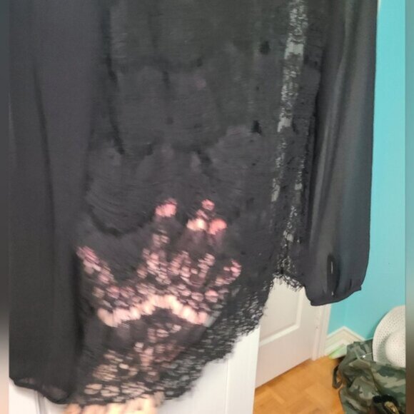 Forever 21 Black High Neck Lace Sheer See-Through Flounce Sleeve Blouse Shirt M - Picture 4 of 14